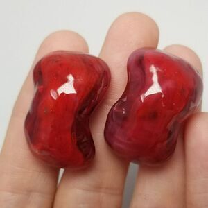 Vintage Vouge Jewelry Red Wavy Clip On Earrings, Retro 70s 80s Style, Estate